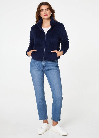 Izabel London Navy Soft Texture Zip Front High Neck Fleece