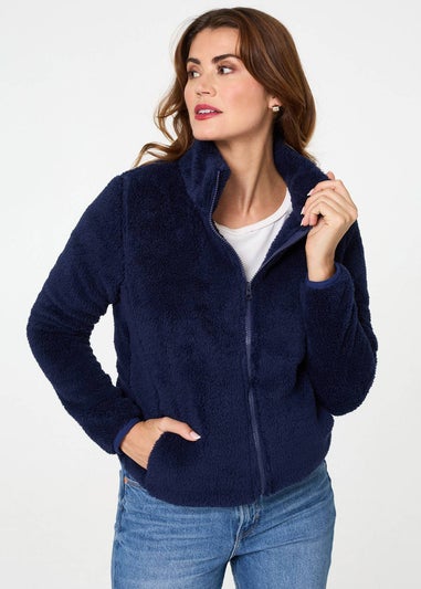 Izabel London Navy Soft Texture Zip Front High Neck Fleece