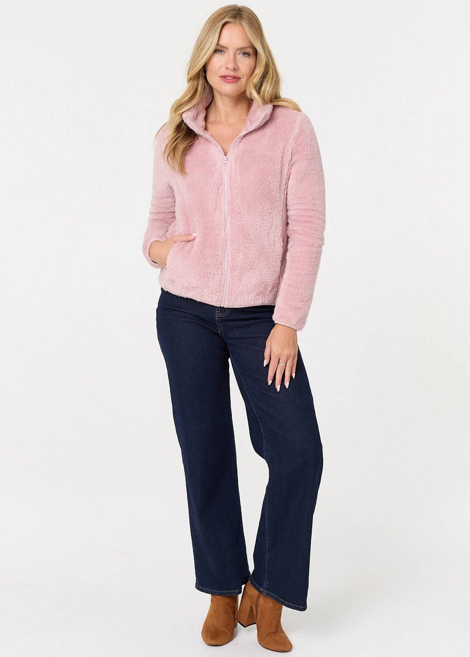 Izabel London Pink Soft Texture Zip Front High Neck Fleece