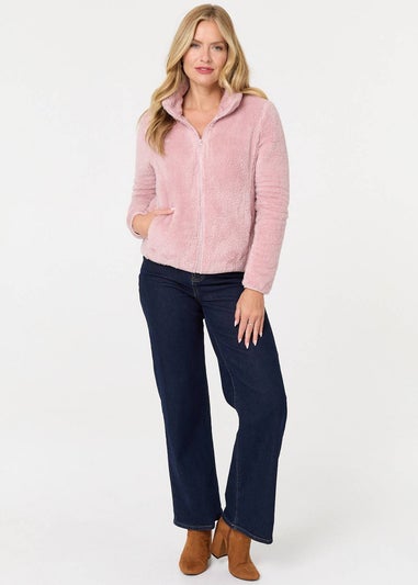 Izabel London Pink Soft Texture Zip Front High Neck Fleece