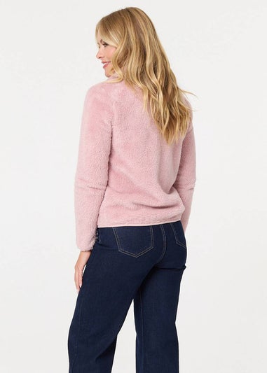 Izabel London Pink Soft Texture Zip Front High Neck Fleece
