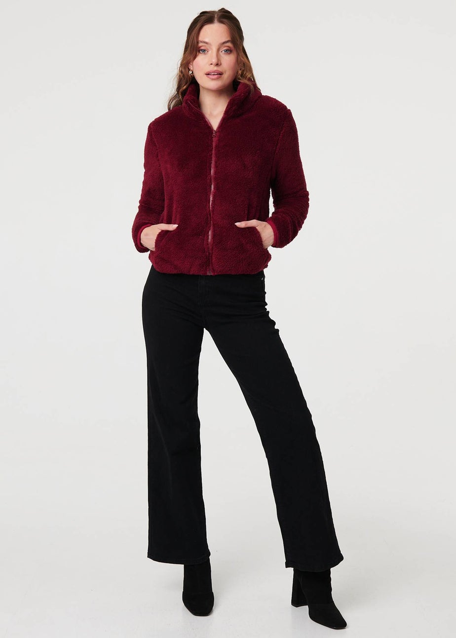 Izabel London Red Soft Texture Zip Front High Neck Fleece