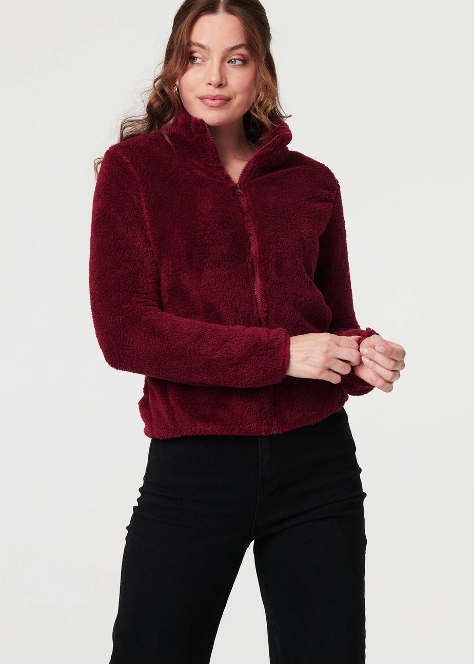 Izabel London Red Soft Texture Zip Front High Neck Fleece