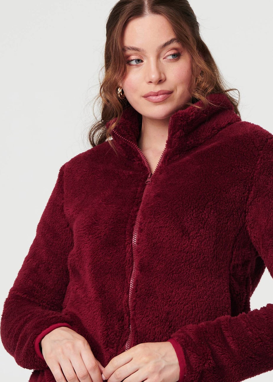 Izabel London Red Soft Texture Zip Front High Neck Fleece
