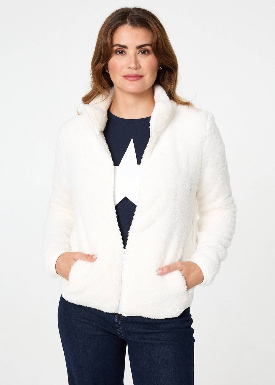Izabel London Ivory Soft Texture Zip Front High Neck Fleece