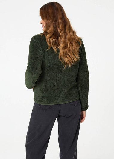 Izabel London Khaki Soft Texture Zip Front High Neck Fleece