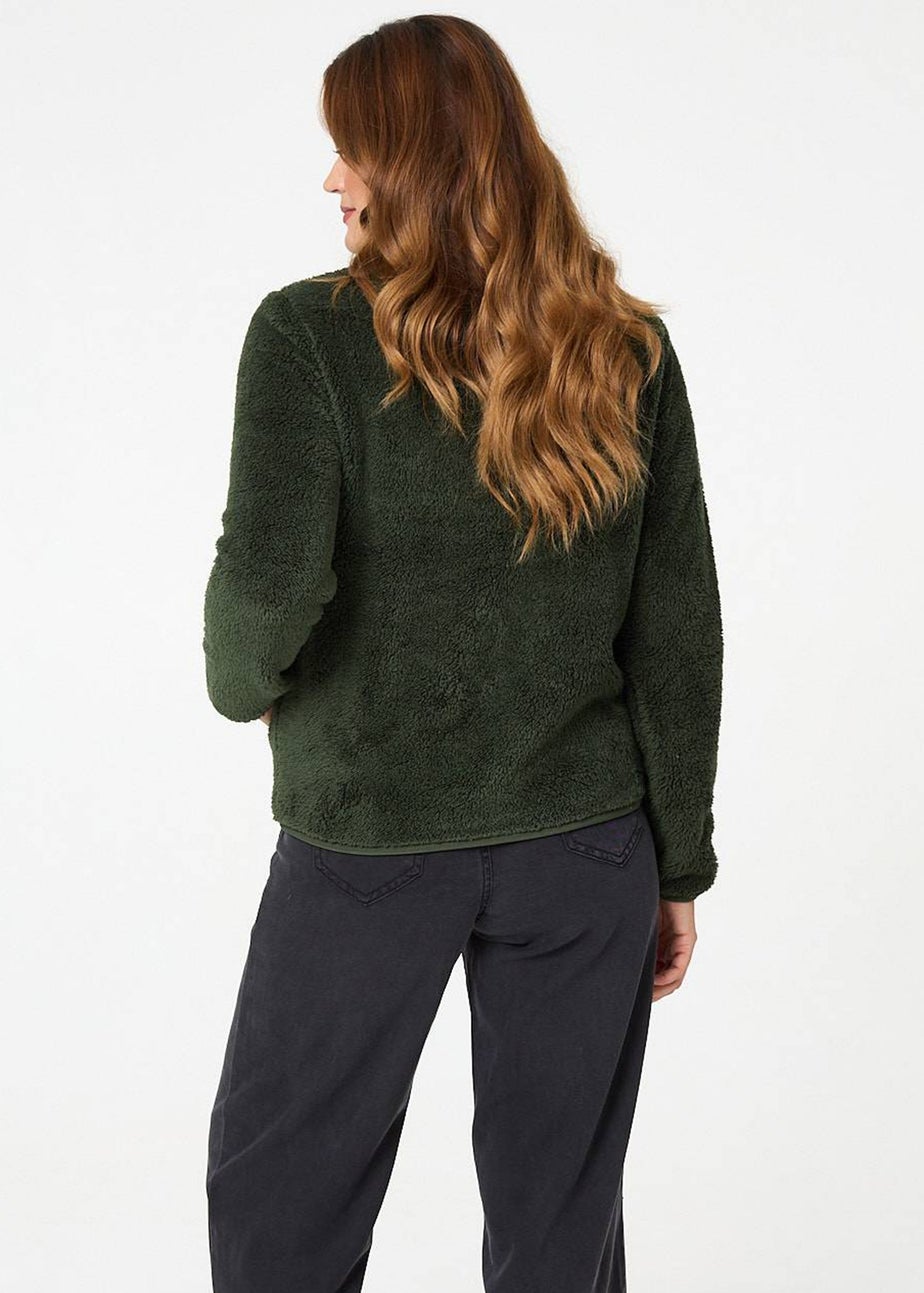 Izabel London Khaki Soft Texture Zip Front High Neck Fleece