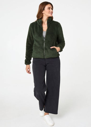 Izabel London Khaki Soft Texture Zip Front High Neck Fleece