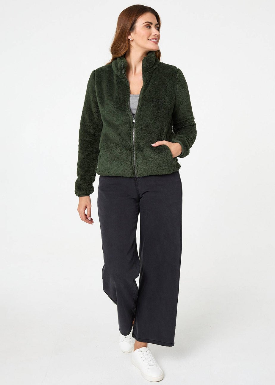 Izabel London Khaki Soft Texture Zip Front High Neck Fleece