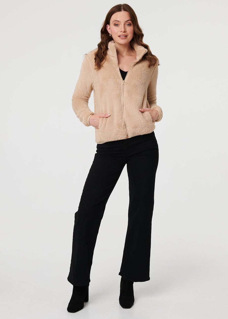 Izabel London Beige Soft Texture Zip Front High Neck Fleece