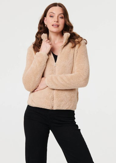 Izabel London Beige Soft Texture Zip Front High Neck Fleece