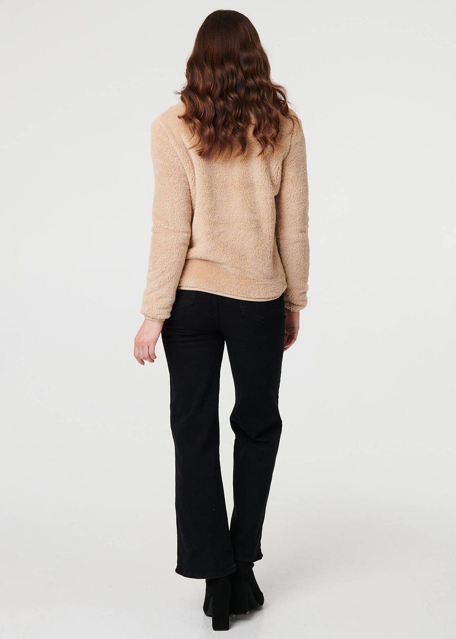 Izabel London Beige Soft Texture Zip Front High Neck Fleece