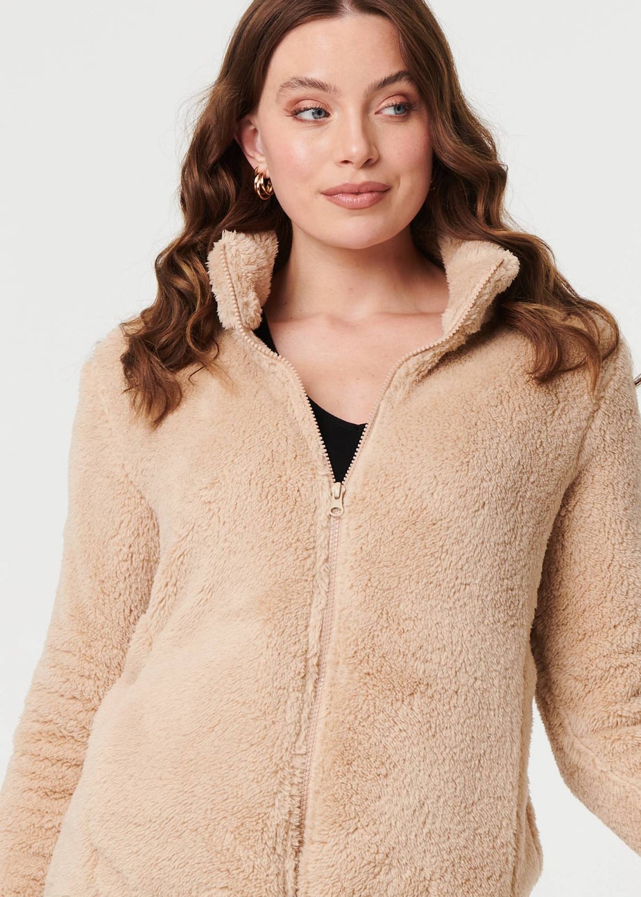 Izabel London Beige Soft Texture Zip Front High Neck Fleece