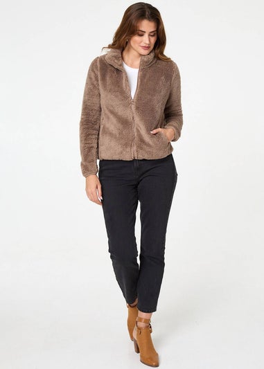Izabel London Tan Soft Texture Zip Front High Neck Fleece