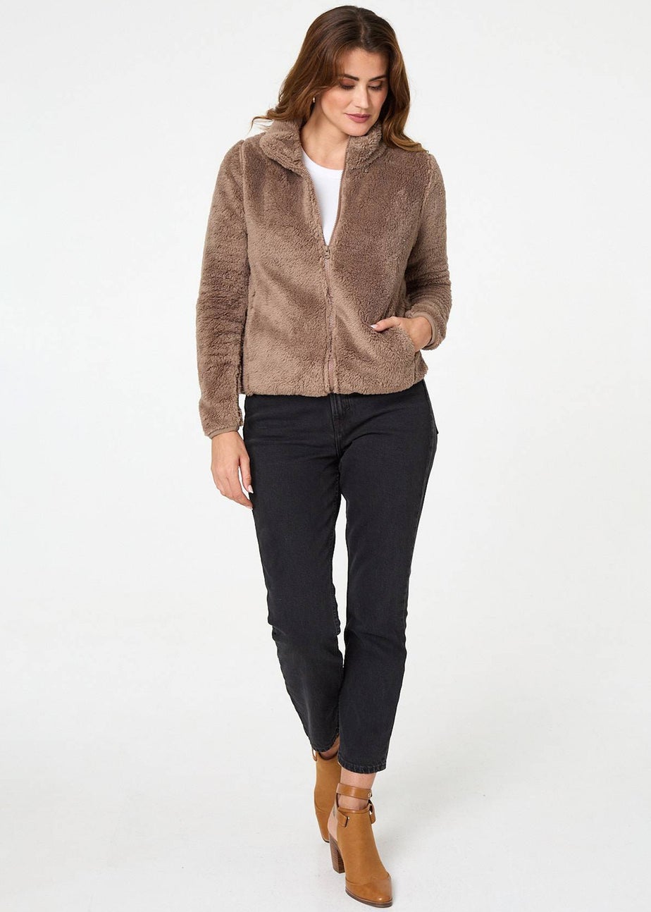 Izabel London Tan Soft Texture Zip Front High Neck Fleece