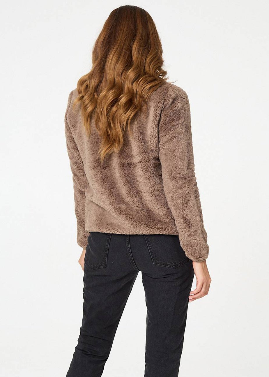 Izabel London Tan Soft Texture Zip Front High Neck Fleece