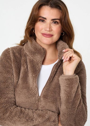Izabel London Tan Soft Texture Zip Front High Neck Fleece