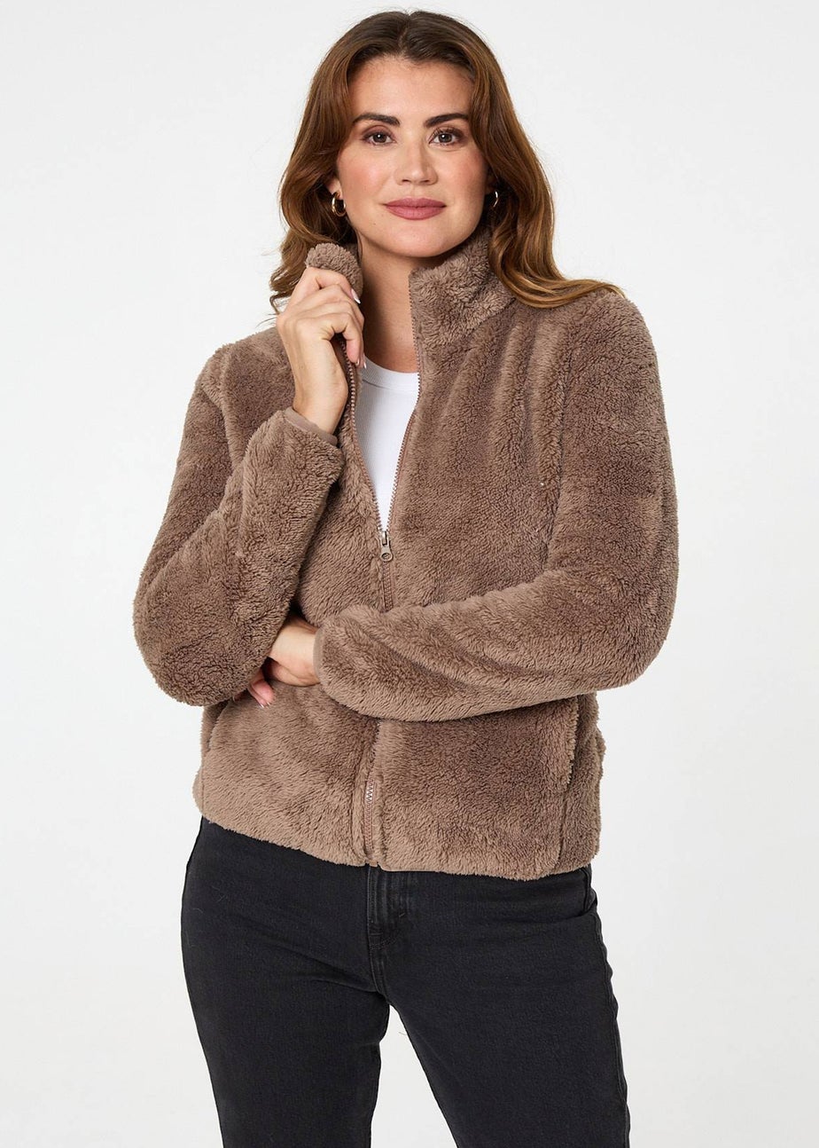 Izabel London Tan Soft Texture Zip Front High Neck Fleece