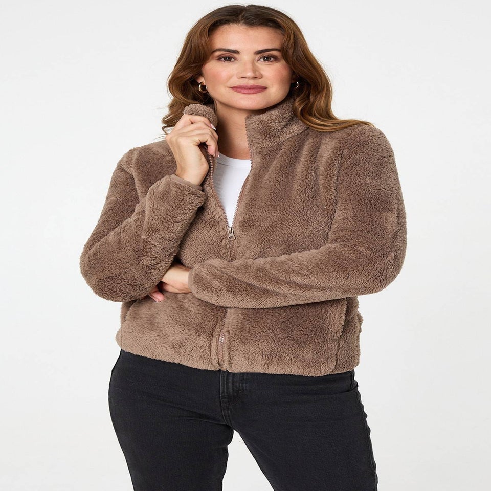 Izabel London Tan Soft Texture Zip Front High Neck Fleece