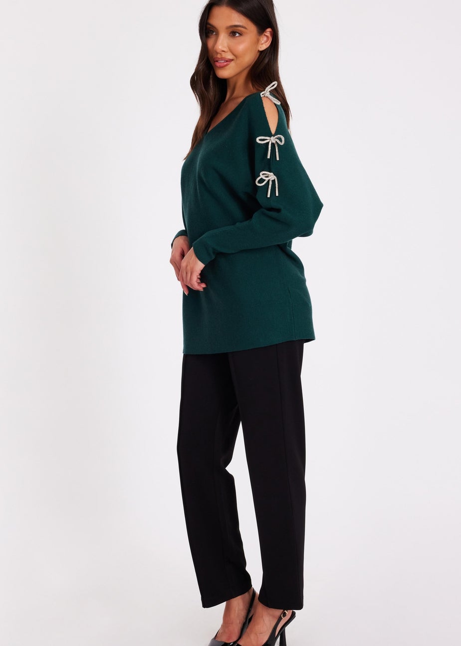 Quiz Green Diamante Bow Jumper