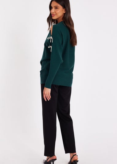 Quiz Green Diamante Bow Jumper