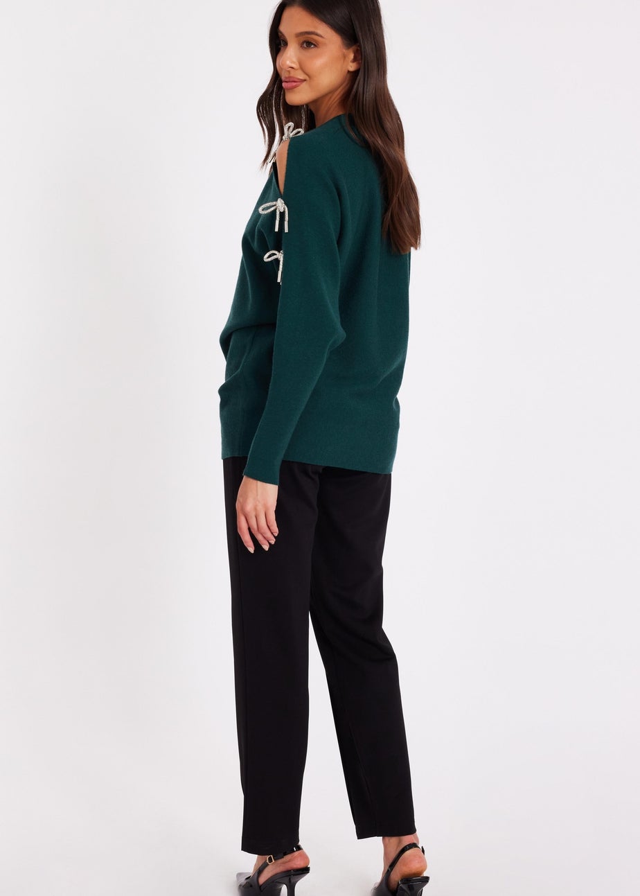 Quiz Green Diamante Bow Jumper