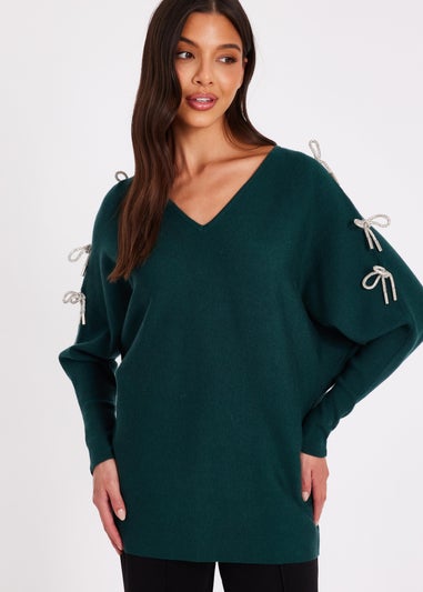 Quiz Green Diamante Bow Jumper