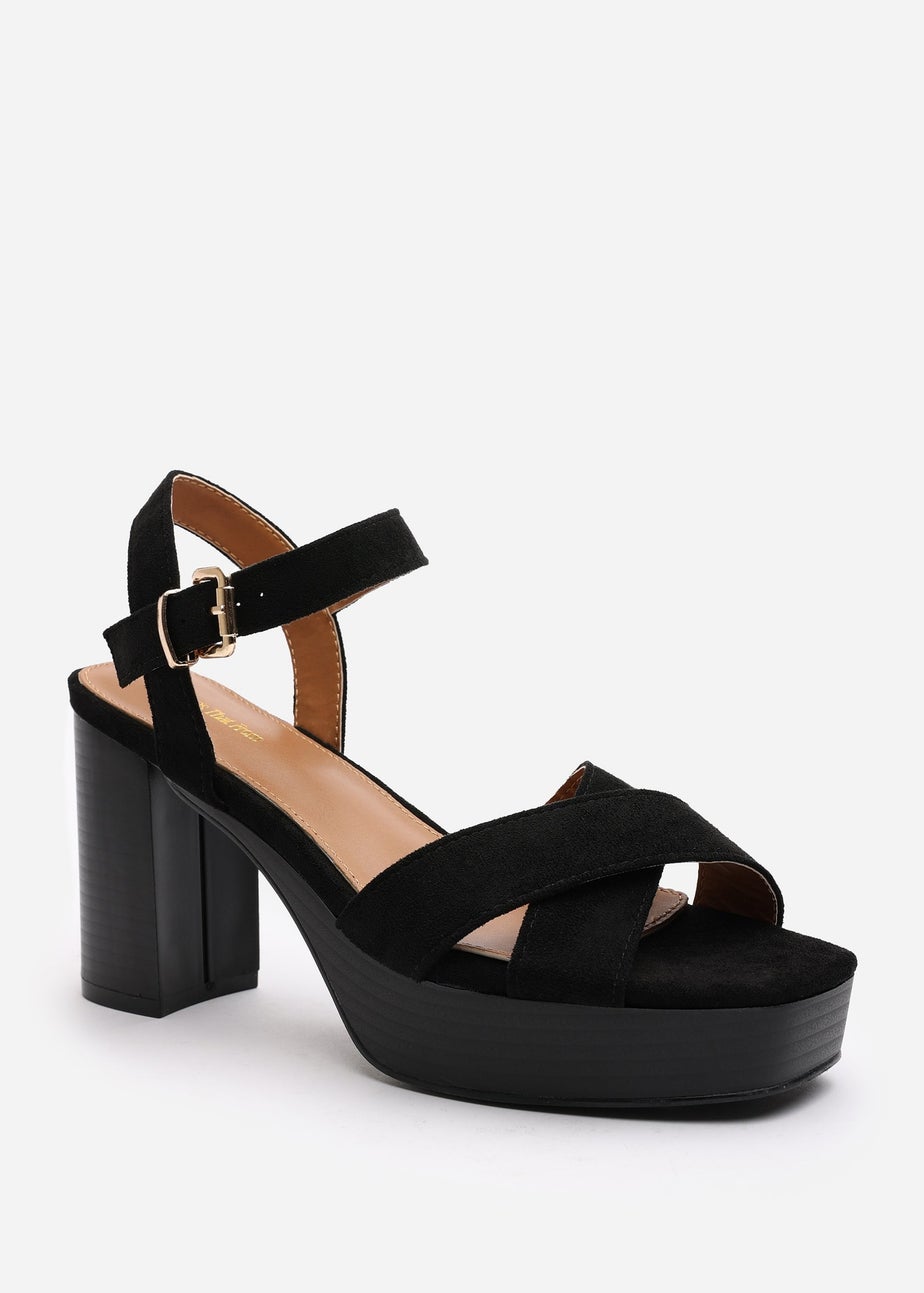 Where's That From Wide-Fit Riya Black Suede Block Heel Sandals