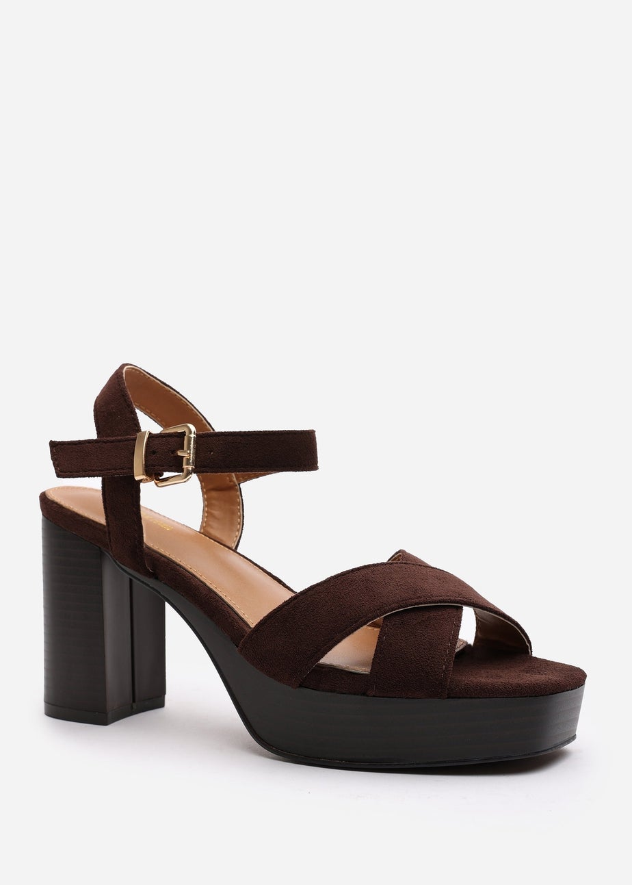 Where's That From Wide-Fit Riya Brown Suede Block Heel Sandals