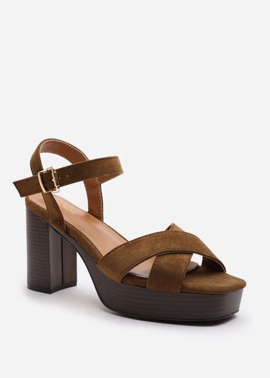 Where's That From Wide-Fit Riya Khaki Suede Block Heel Sandals