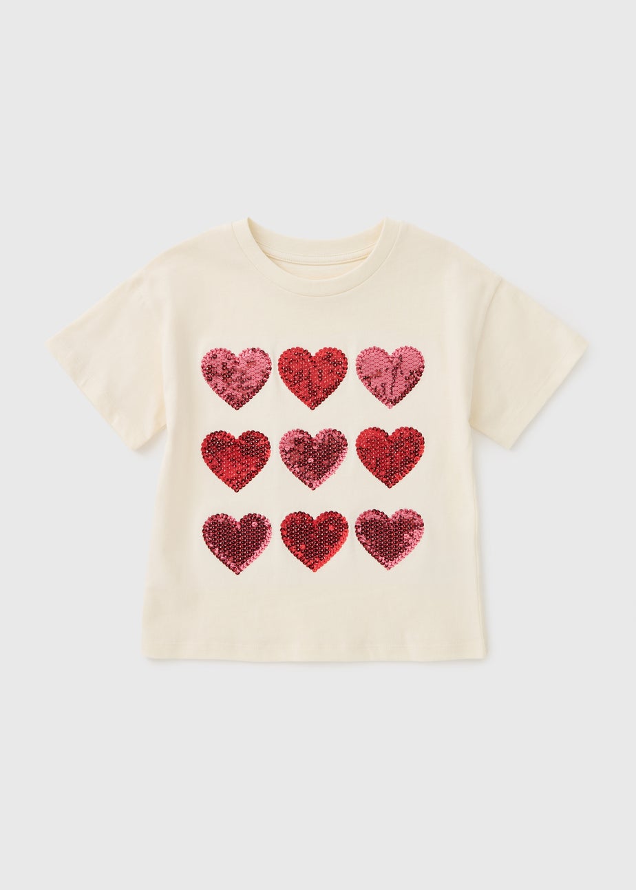Girls Cream Heart Sequin T-Shirt (1-7yrs)