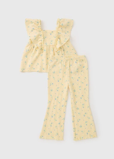 Girls Yellow Ditsy Floral Crinkle Top & Trouser Set (1-7yrs)