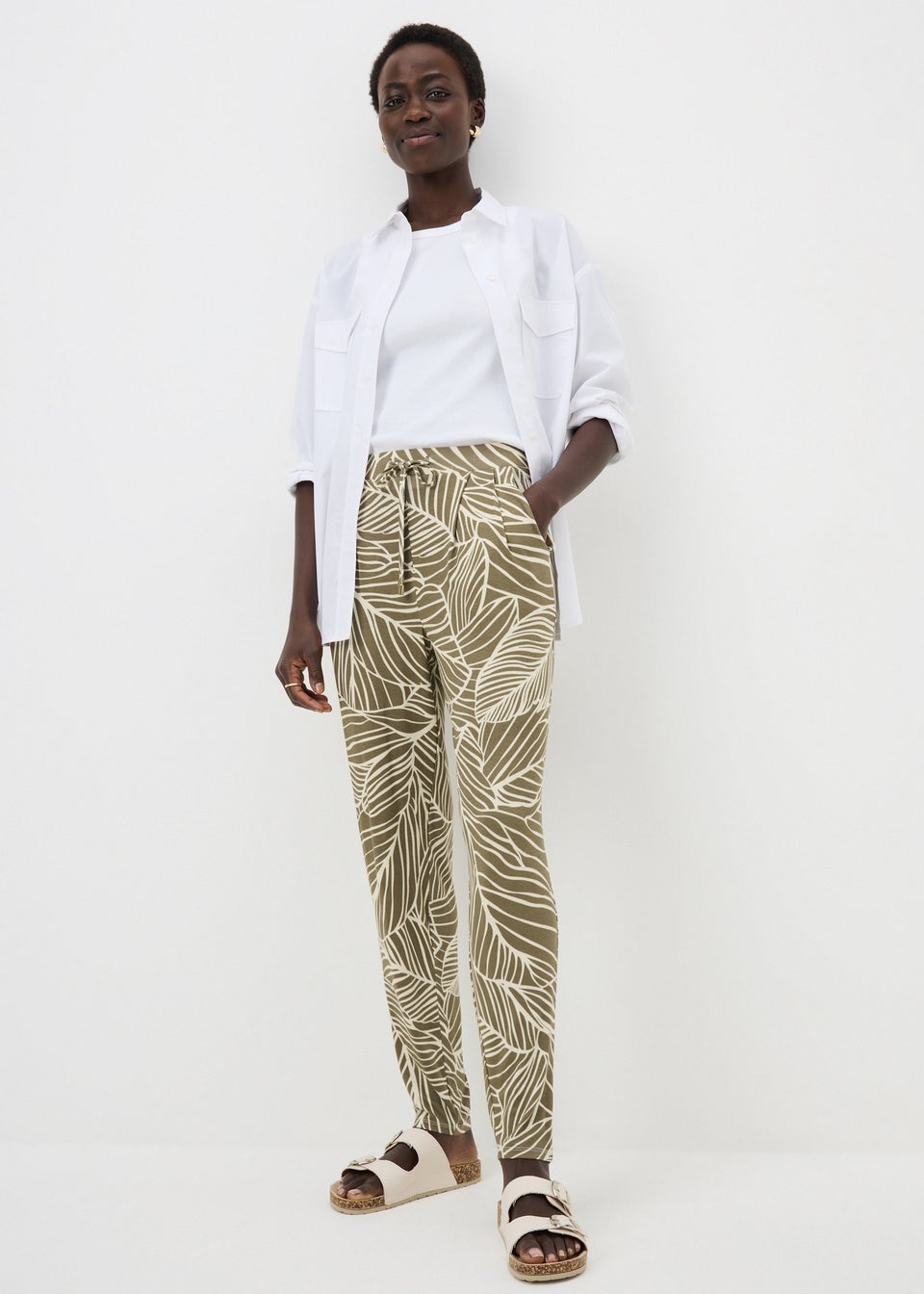 Khaki Leaf Print Harem Trousers