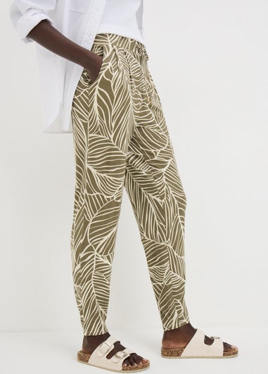 Khaki Leaf Print Harem Trousers