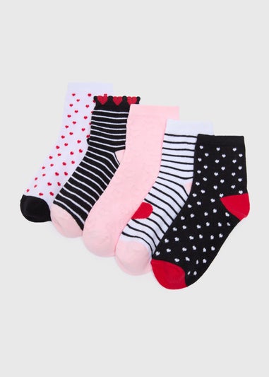 5 Pack Girls Multicolour Heart Ankle Socks (Younger 6-Older 6.5)