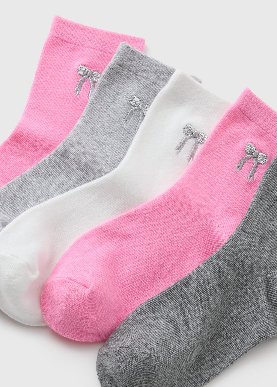 5 Pack Girls Pink Bow Ankle Socks (Younger 6-Older 6.5)