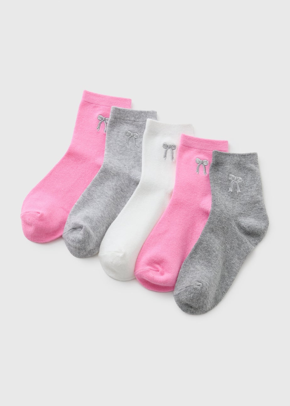 5 Pack Girls Pink Bow Ankle Socks (Younger 6-Older 6.5)