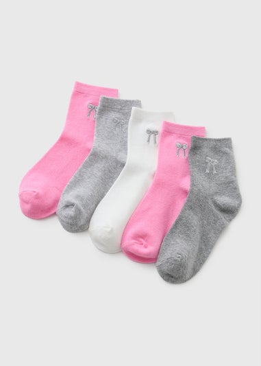 5 Pack Girls Pink Bow Ankle Socks (Younger 6-Older 6.5)