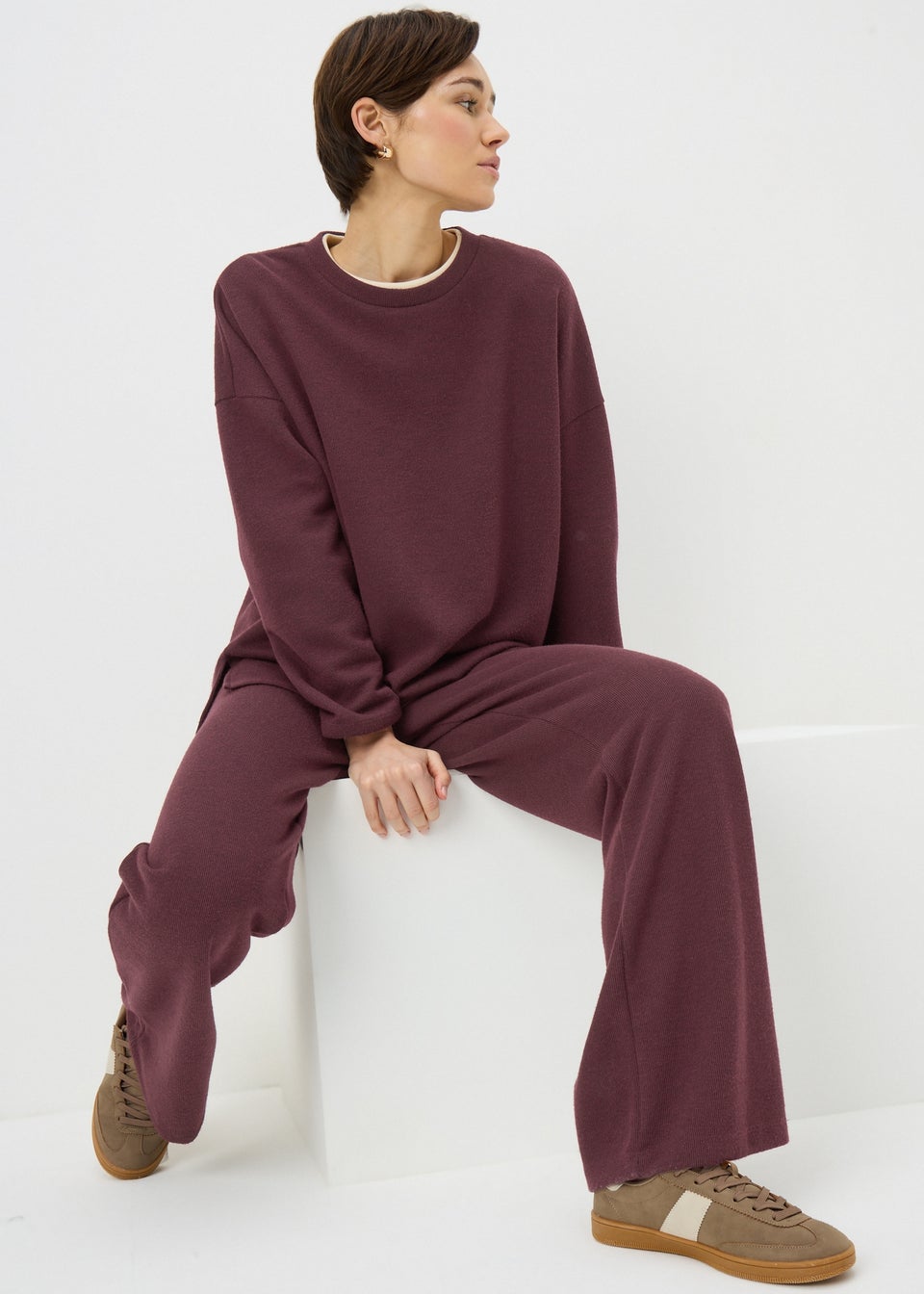 Burgundy Soft Touch Co Ord Wide Leg Trousers