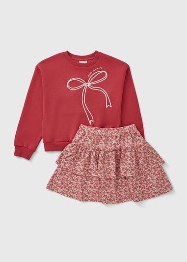 Girls Red Ditsy Bow Sweatshirt & Skirt Set (7-15yrs)