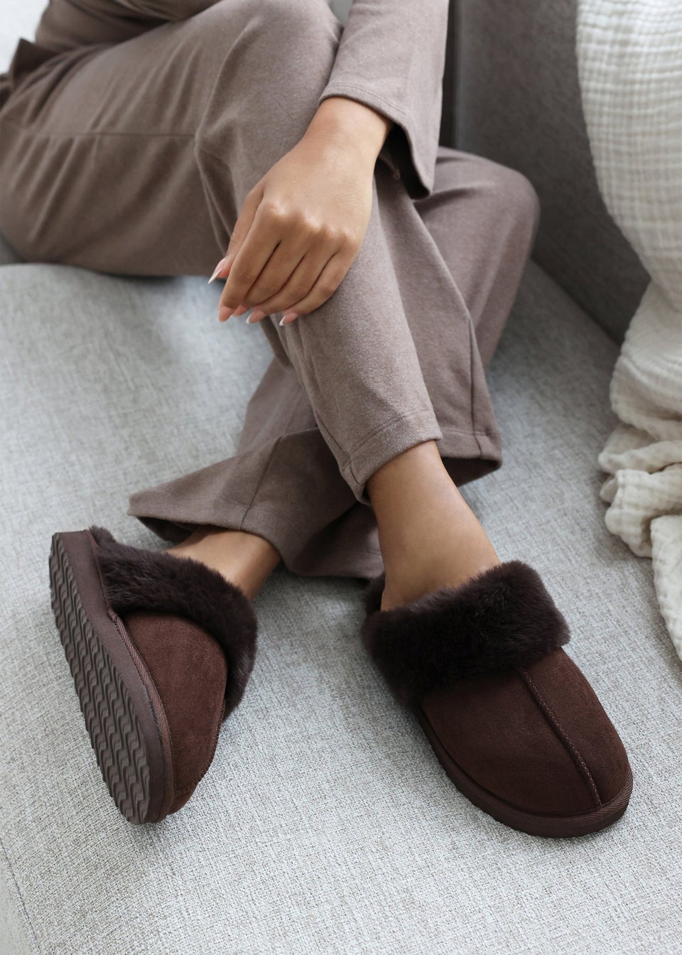 Wheres That From Lounge Brown Suede Fur Trim Slippers