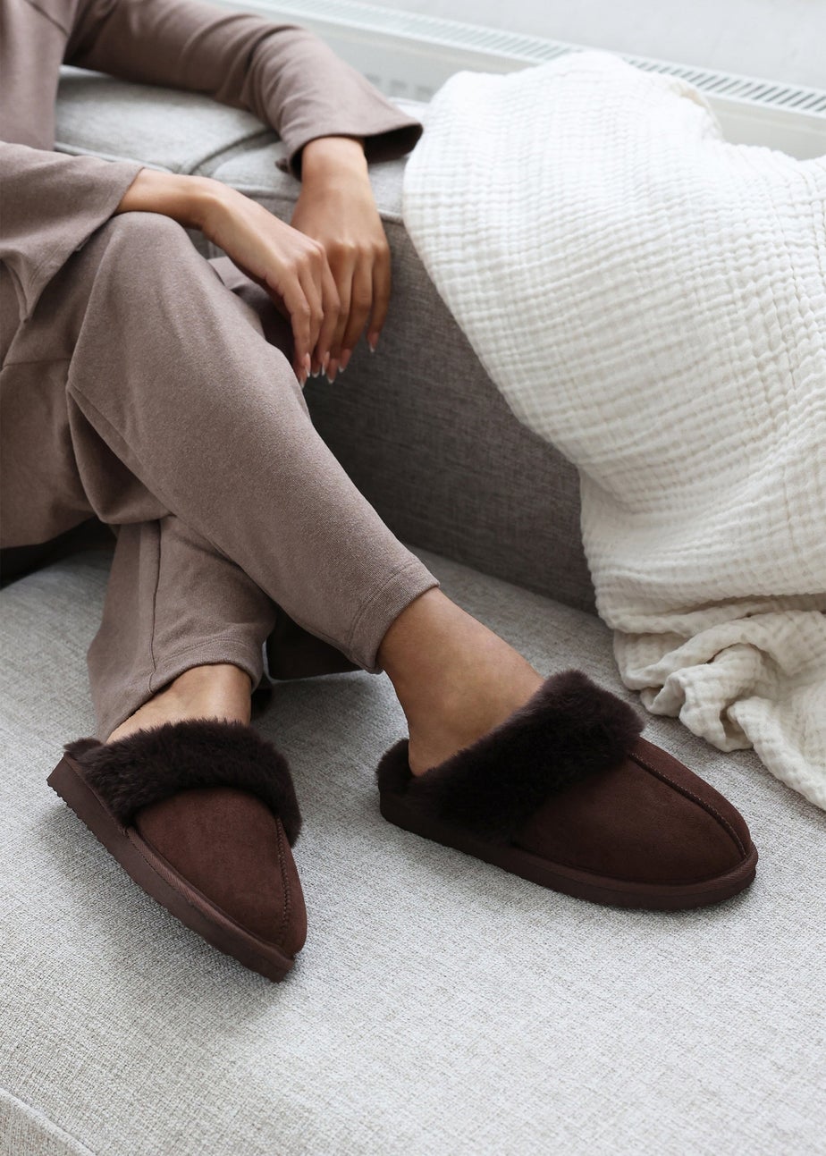 Wheres That From Lounge Brown Suede Fur Trim Slippers