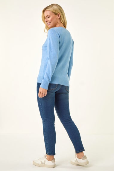 Roman Blue Petite Faux Pearl Hotfix Knit Jumper