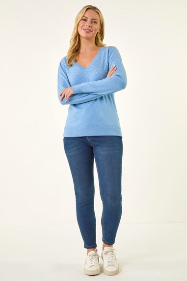 Roman Blue Petite Faux Pearl Hotfix Knit Jumper
