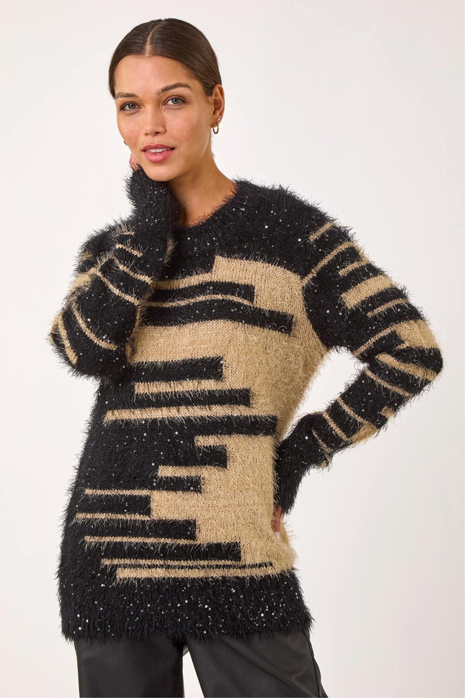 Roman Camel Fluffy Cut Stripe Knit Jumper