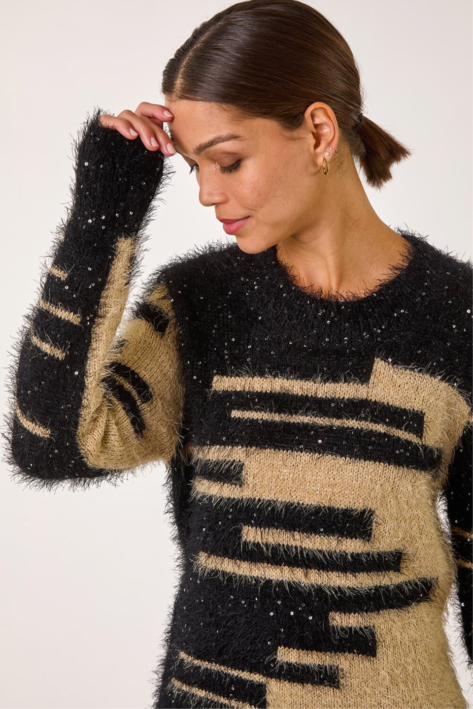 Roman Camel Fluffy Cut Stripe Knit Jumper