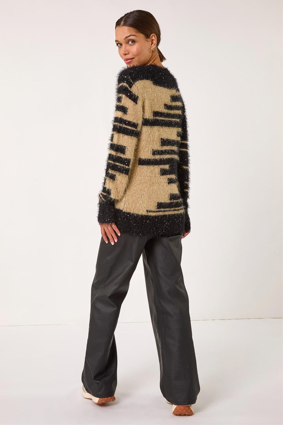 Roman Camel Fluffy Cut Stripe Knit Jumper