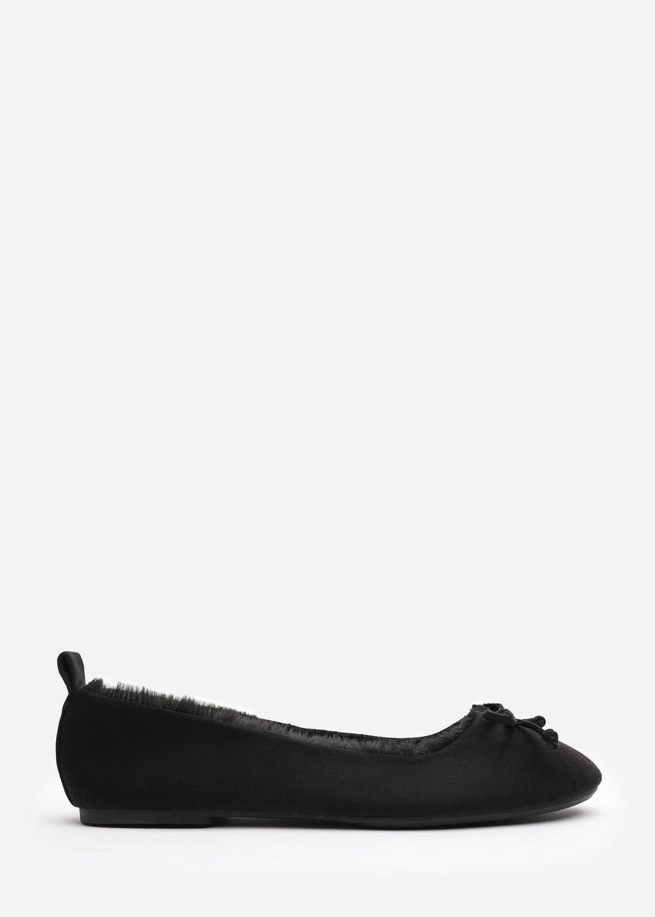 Wheres That From Cassia Black Suede Faux Fur Fluffy Slippers