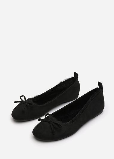 Wheres That From Cassia Black Suede Faux Fur Fluffy Slippers