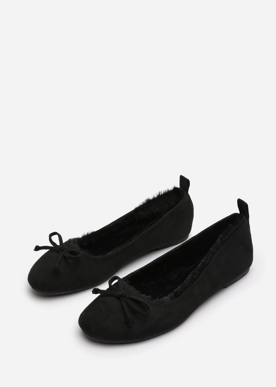Wheres That From Cassia Black Suede Faux Fur Fluffy Slippers